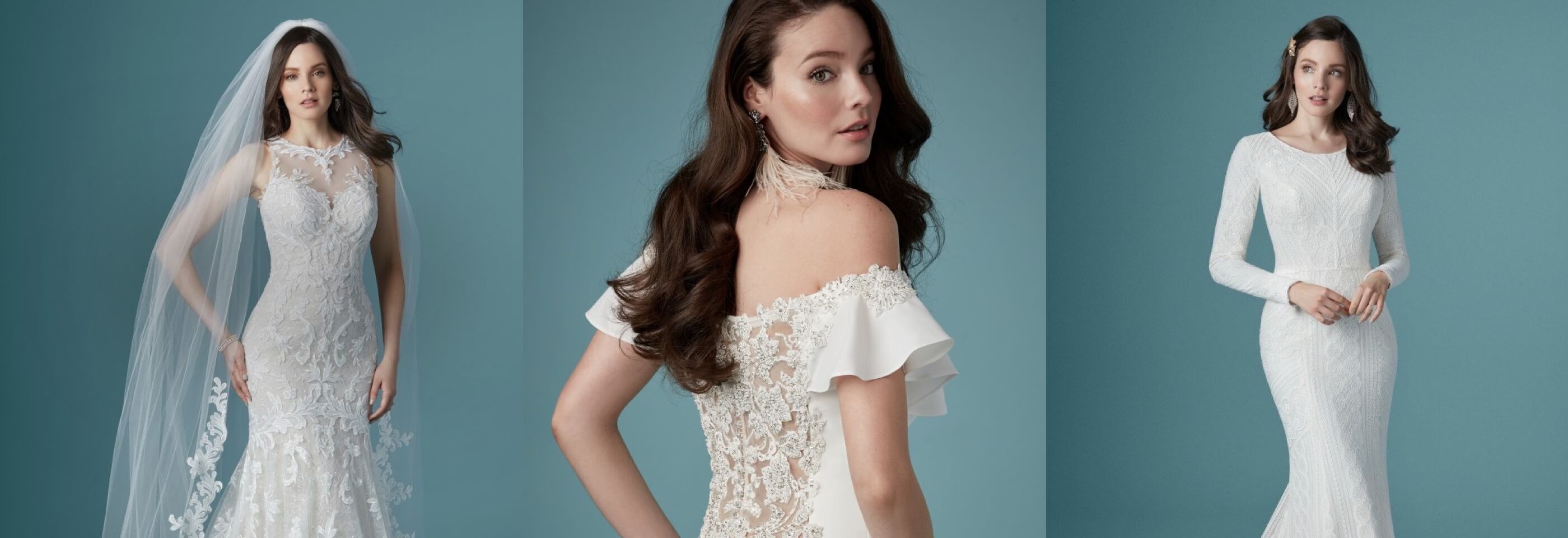 Model wearing white gowns from different bridal collections