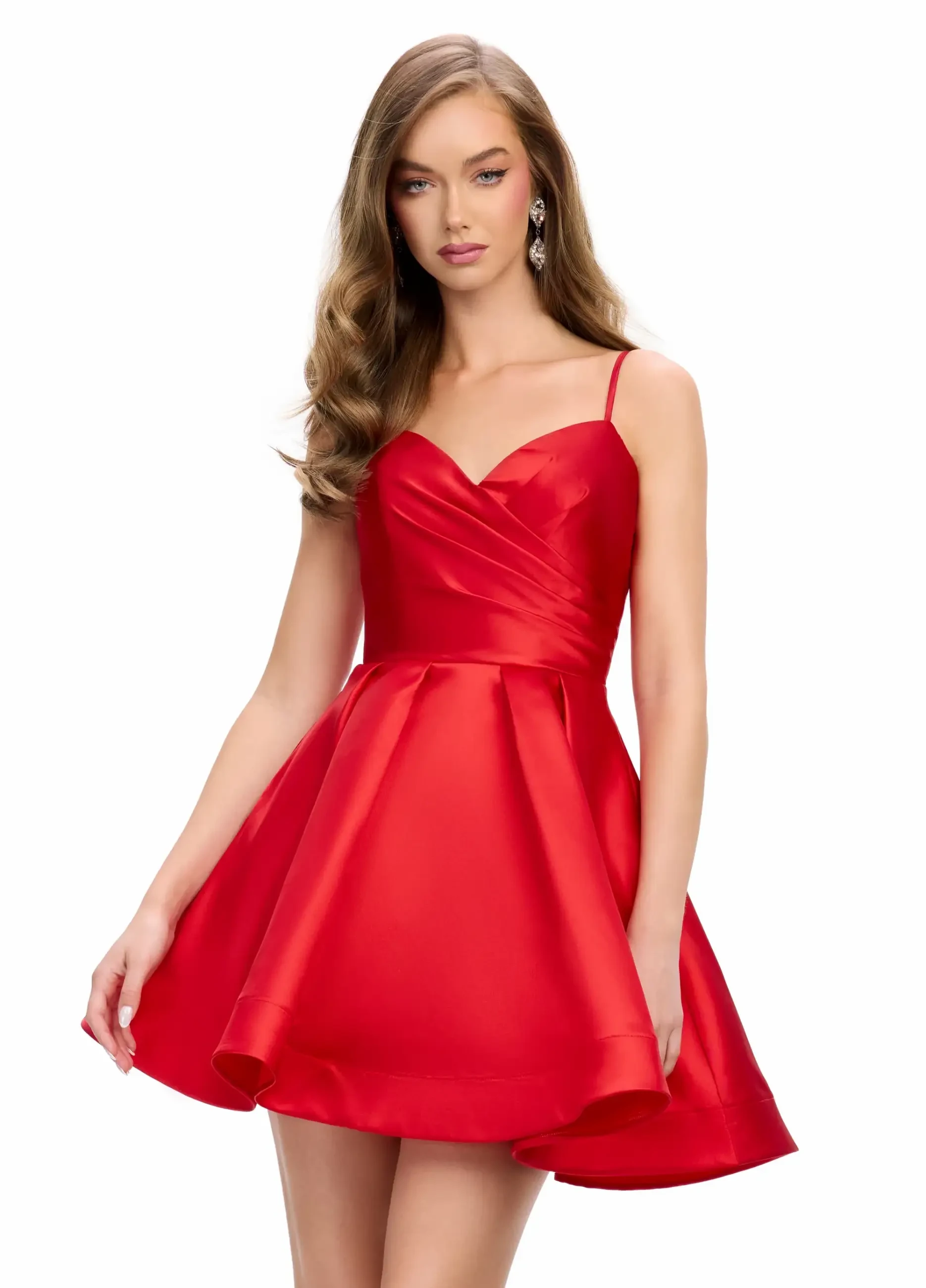 Model is wearing a classic satin Ashley Lauren cocktail dress with a sweetheart neckline and A-line skirt.