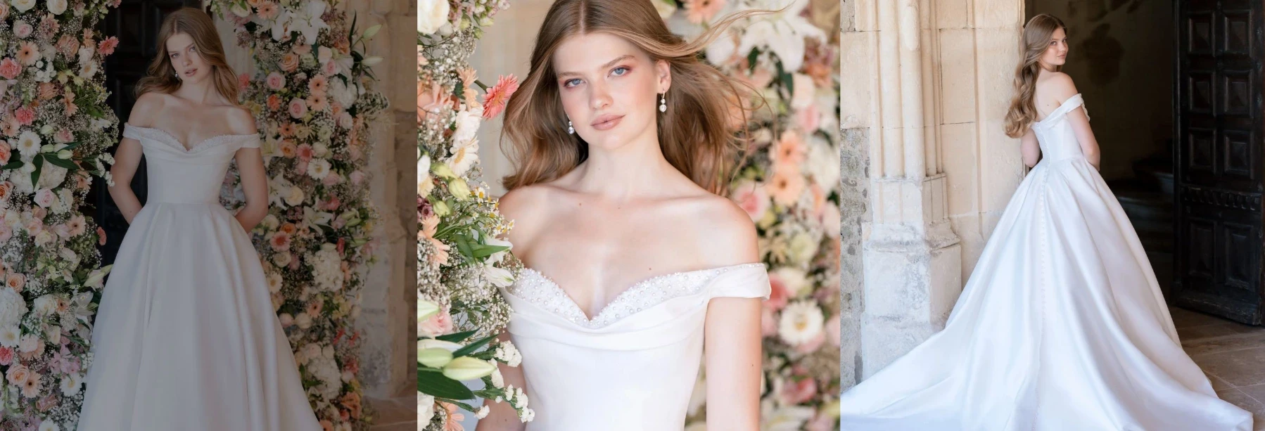 Model wearing white gowns from different bridal collections