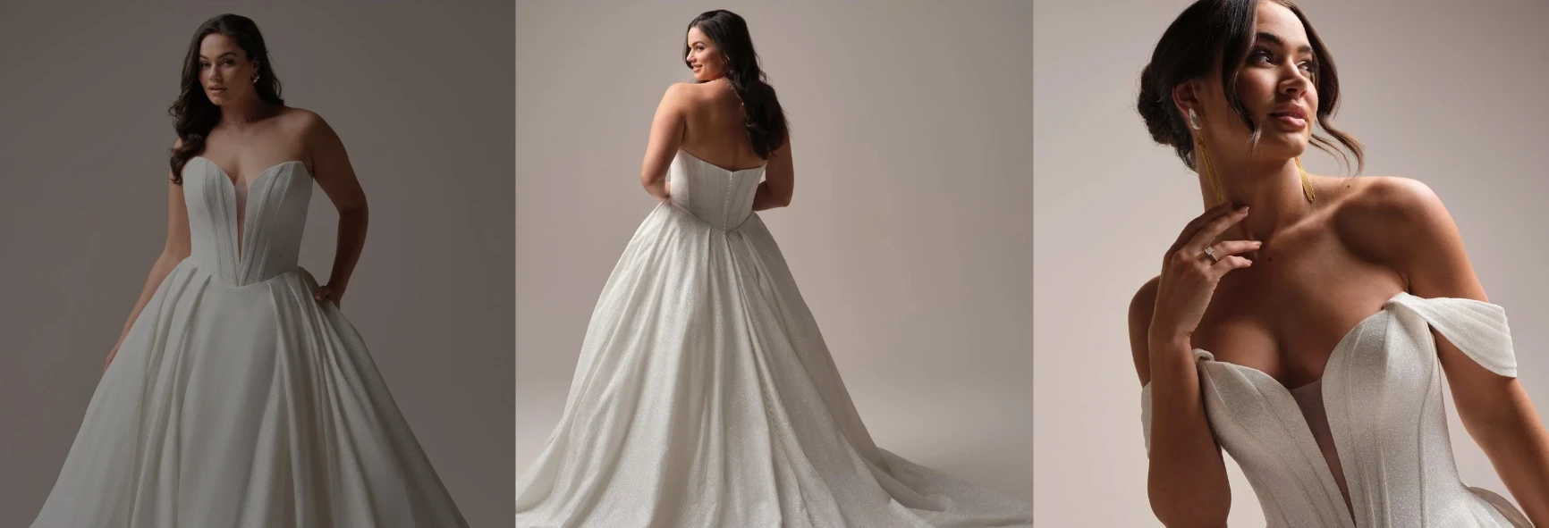 Model wearing white gowns from different bridal collections