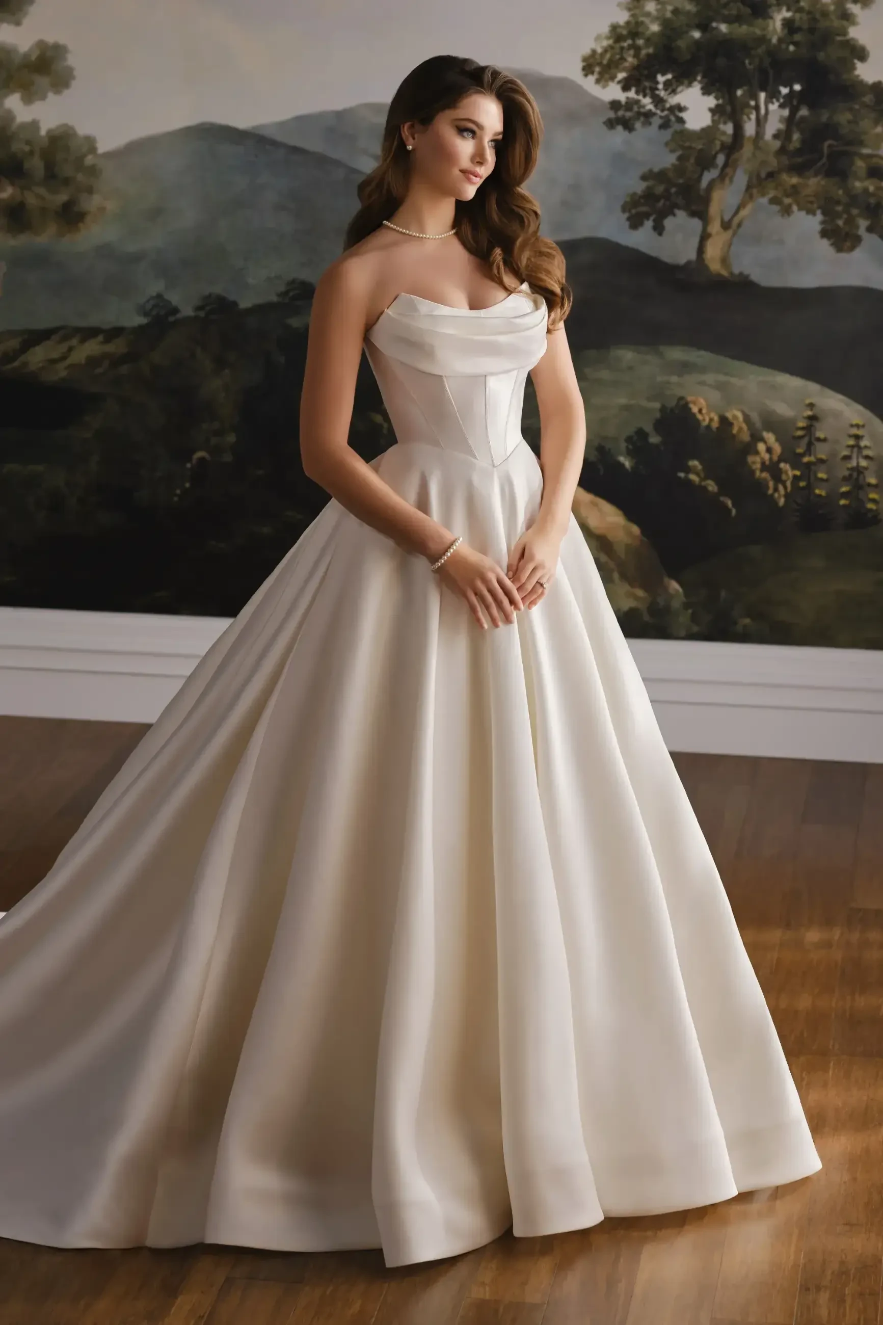 A woman in an elegant, strapless white gown stands on a wooden floor, set against a mural of a serene landscape with trees and hills, conveying grace.