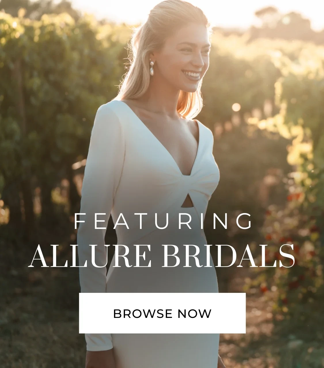 Model wearing Allure Bridals gowns, mobile banner