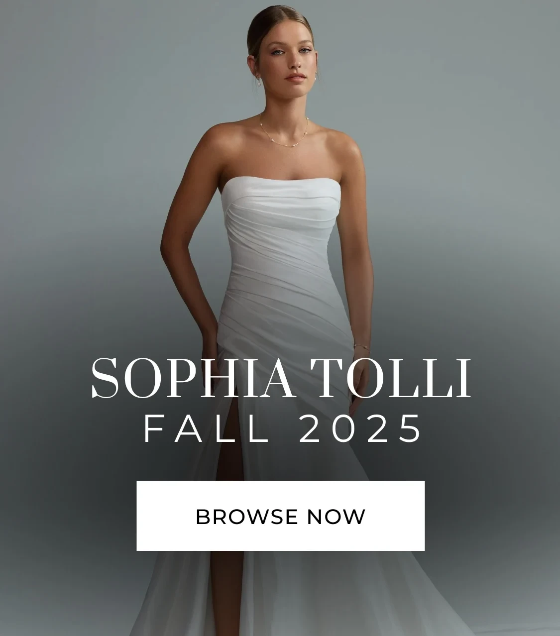 A model wearing Sophia Tolli gown, Fall 2025 mobile banner