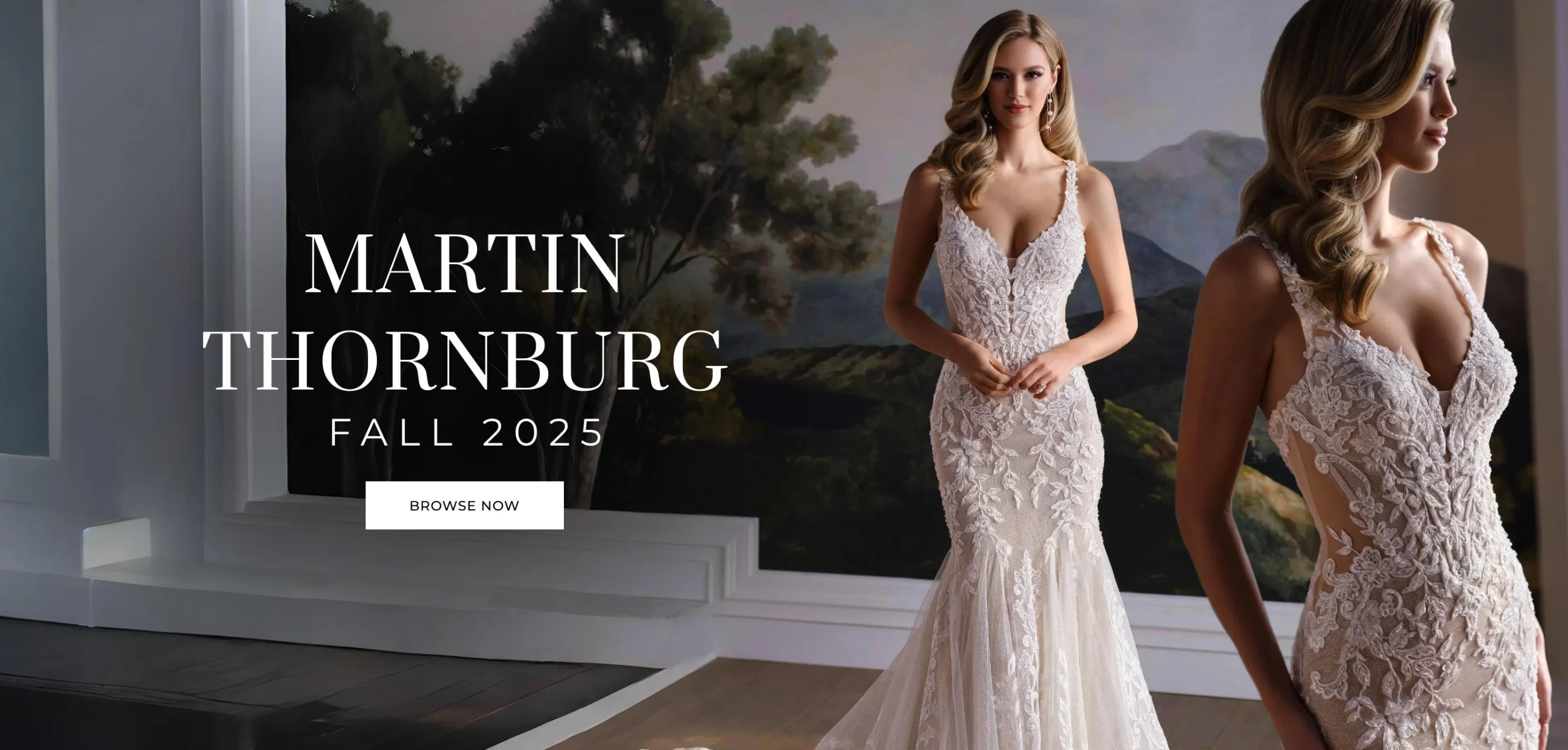 2 Models wearing Martin Thornburg gowns, desktop banner