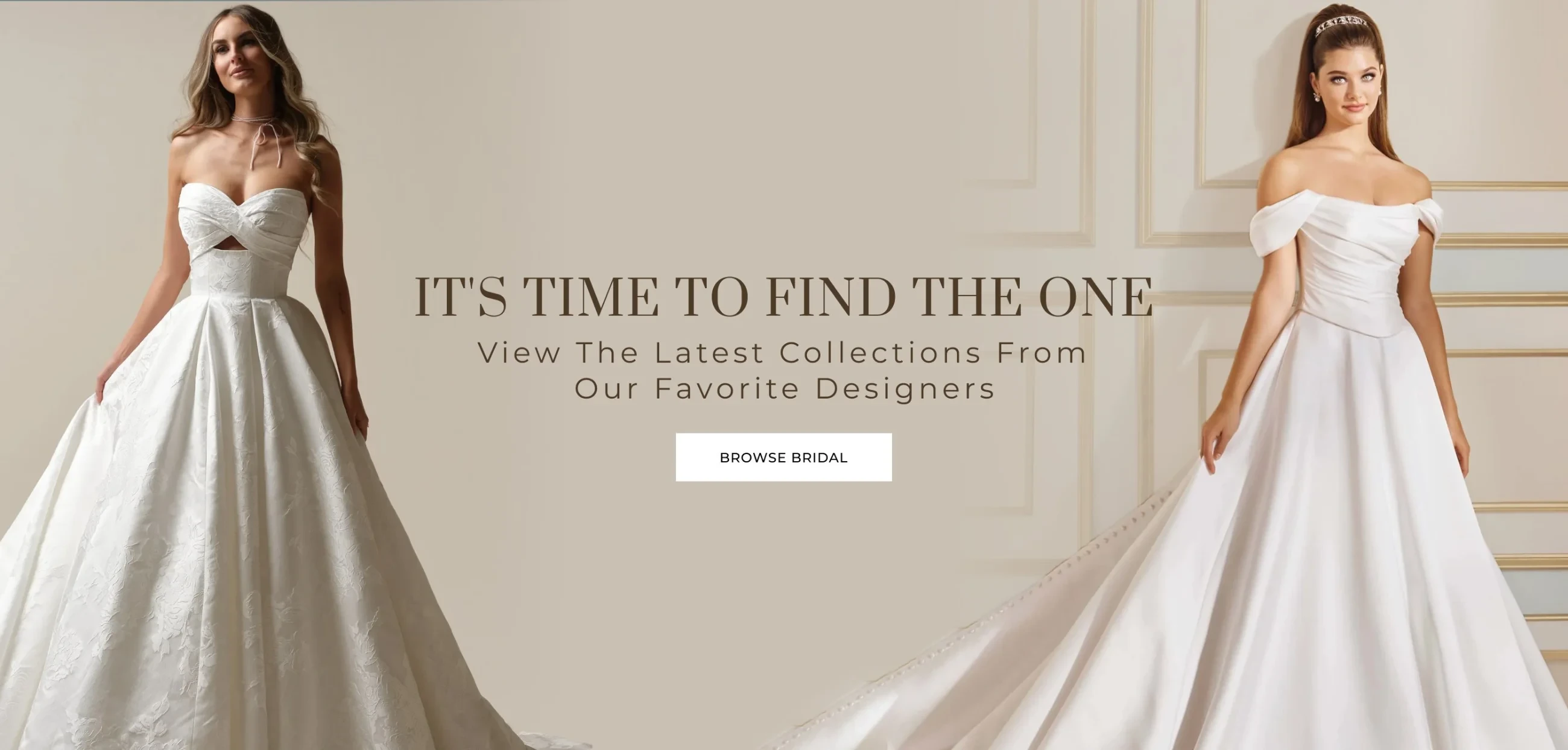 2 models wearing Martin Thornburg and Maggie Sottero bridal gowns, desktop banner