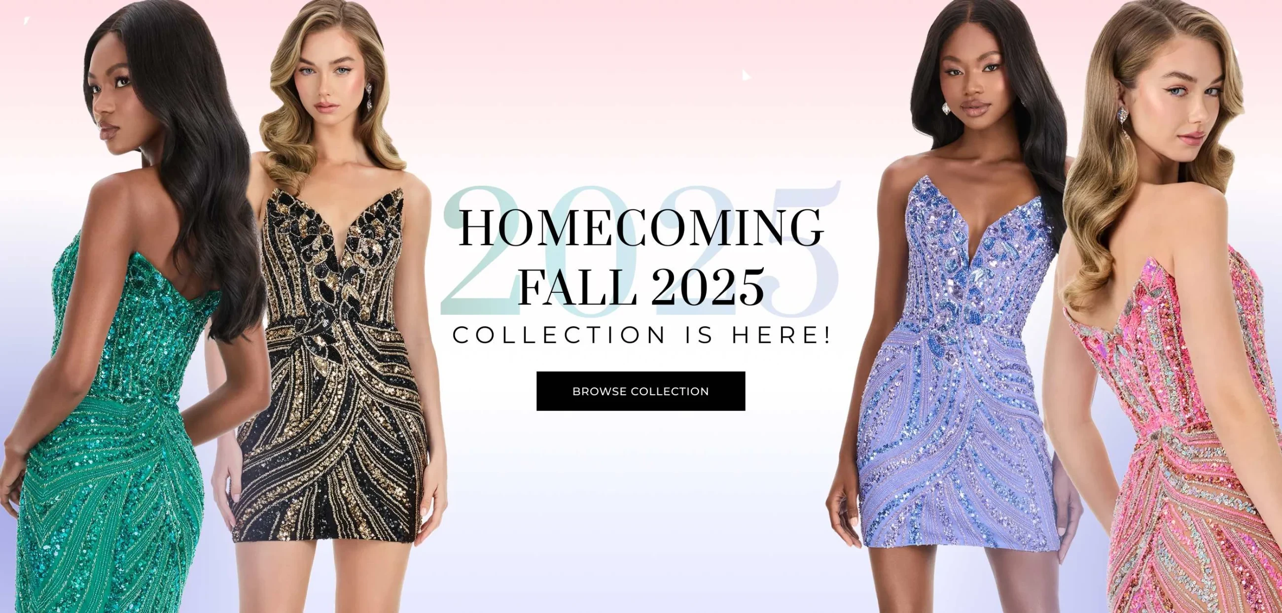 Models Wearing Ashley Lauren 4500 homecoming gown, fall 2025 desktop banner
