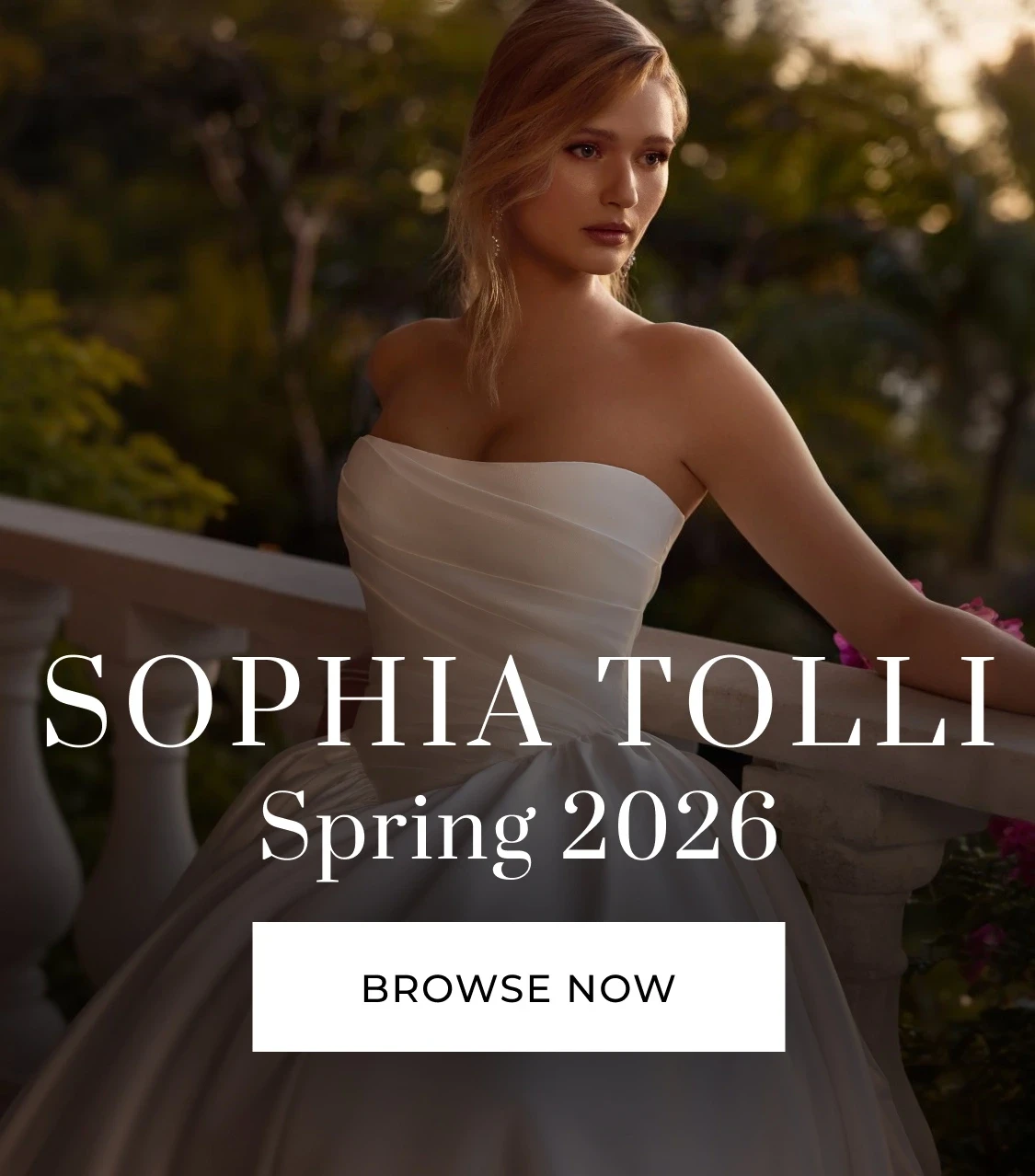 Model wearing Sophia Tolli Spring 2026 wedding gowns, mobile banner