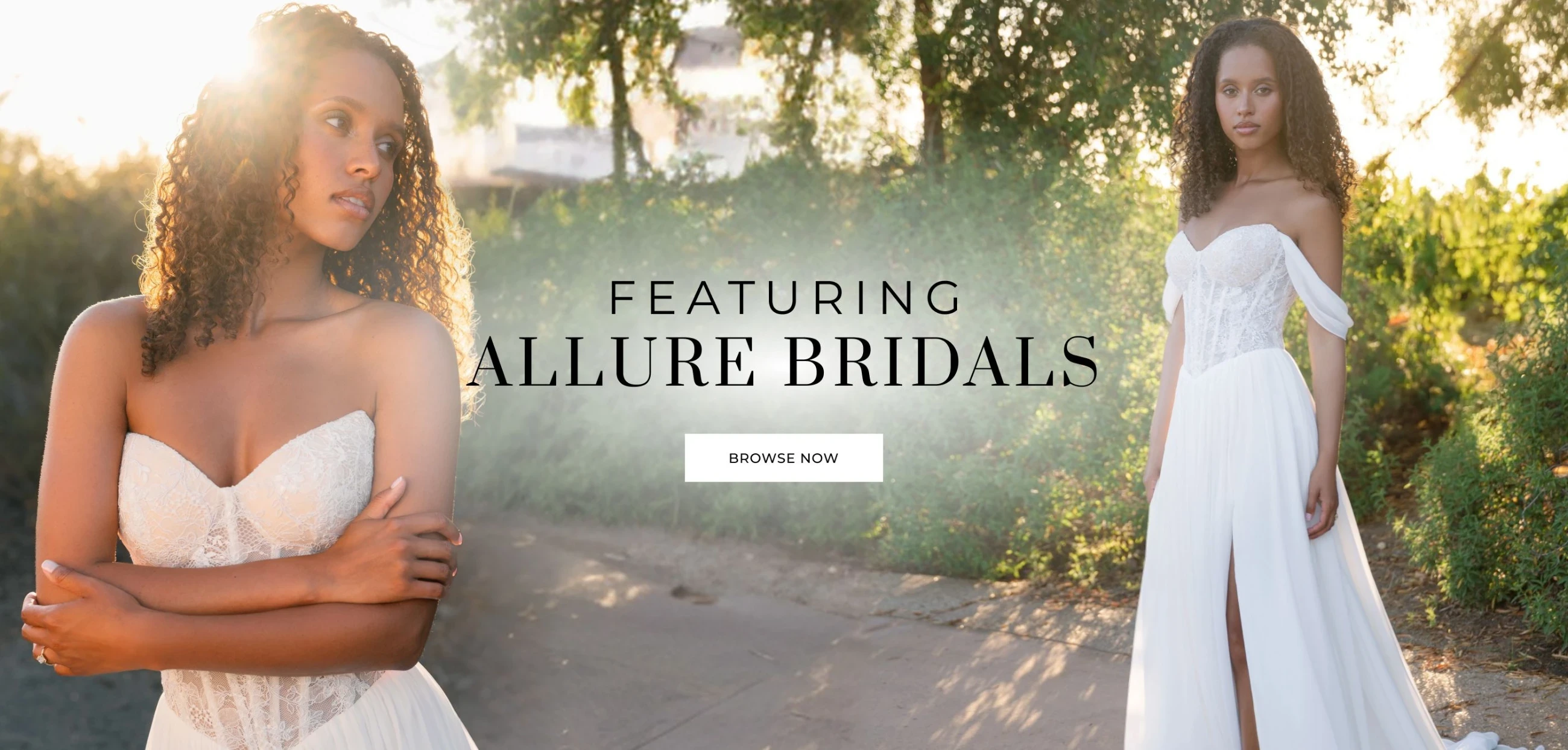 Model wearing Allure Bridals wedding gowns, desktop banner