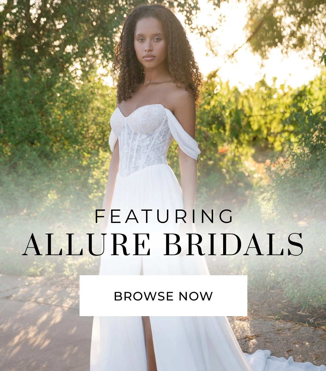 Model wearing Allure Bridals wedding gowns, mobile banner