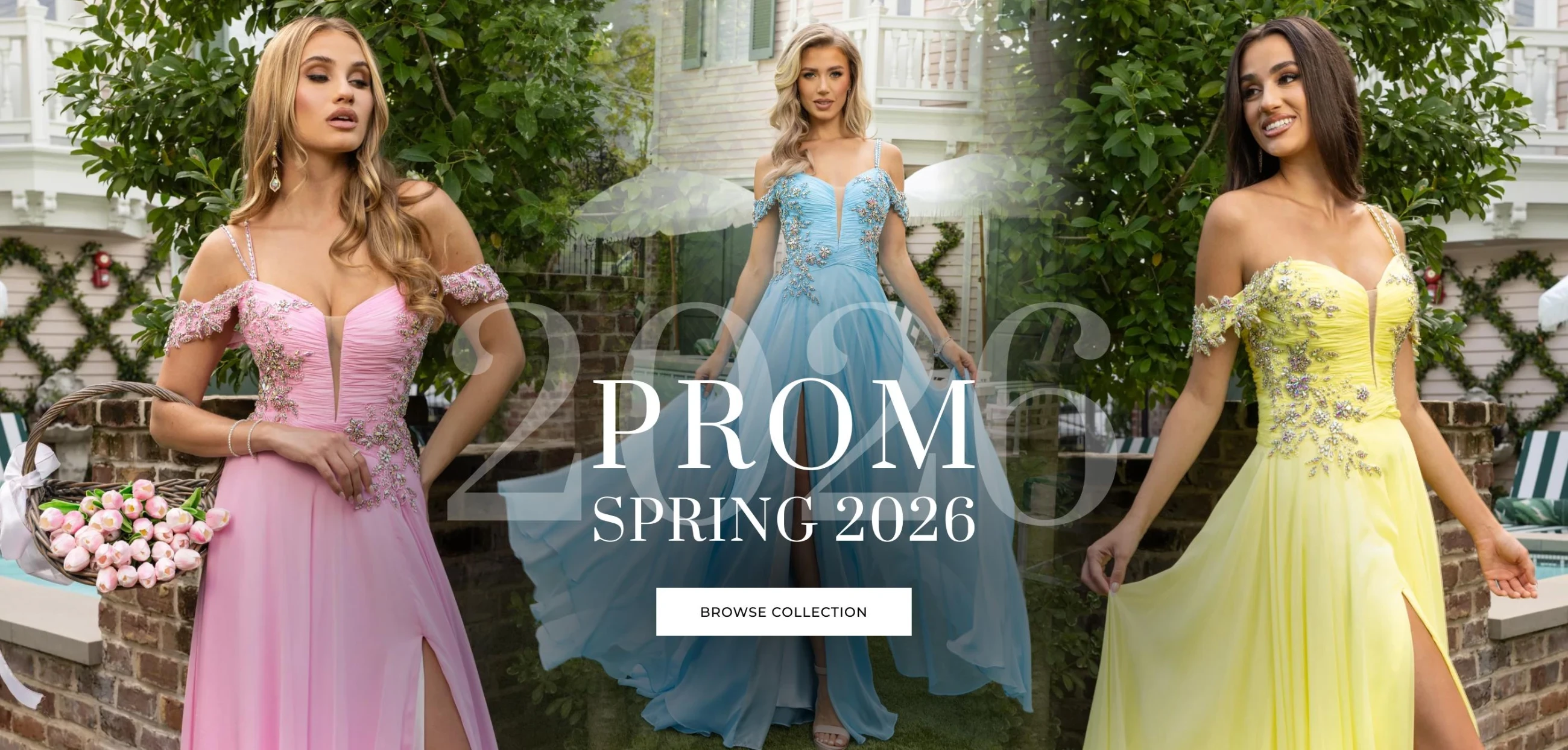 Models wearing prom 2026 dresses, desktop banner