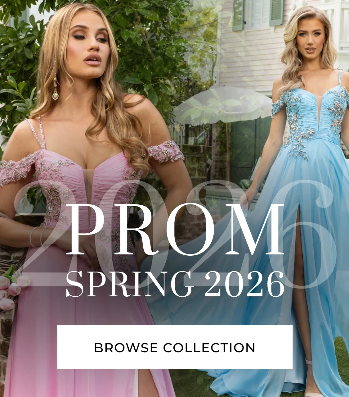 Models wearing prom 2026 dresses, mobile banner