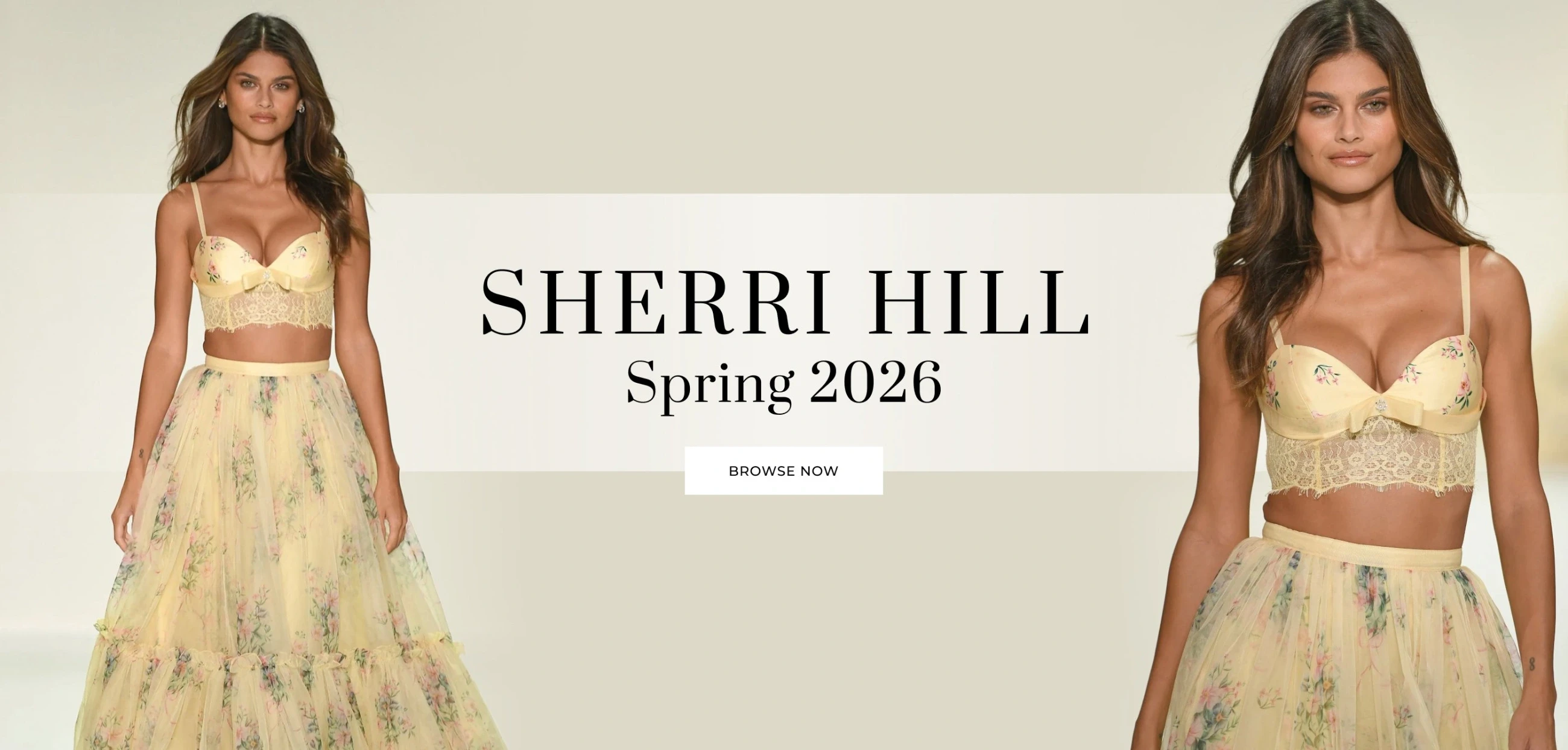 Models wearing Sherri Hill prom dress, spring 2026 desktop banner